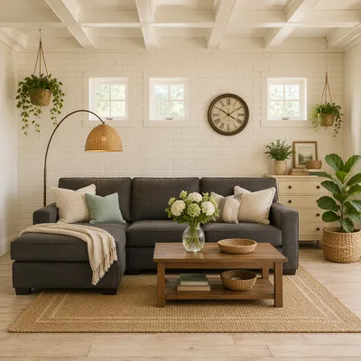 Modern Rustic Living Room With Charcoal Sofa