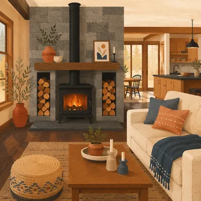 Modern Living Room with Black Wood Stove