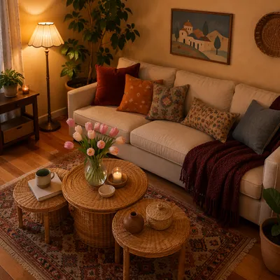 Cozy Modern Living Room With Rattan Tables