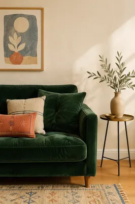 Emerald Velvet Sofa in Modern Living Room