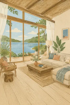 Modern Coastal Living Room with Lake View