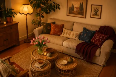 Modern Cream Sofa Living Room with Rattan Tables