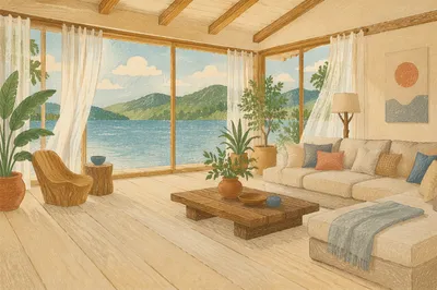 Modern Coastal Living Room with Lake View