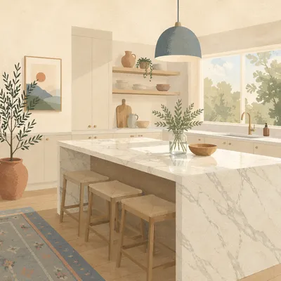 Serene Modern Kitchen with White Marble Island