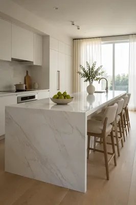 Serene Modern Kitchen with White Marble Island