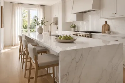 Serene Modern Kitchen with White Marble Island