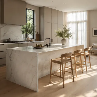 Serene Modern Kitchen with White Marble Island