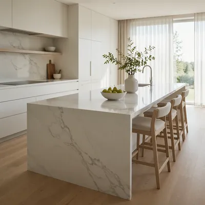 Serene Modern Kitchen with White Marble Island