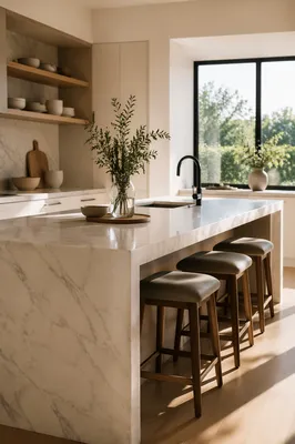 Serene Modern Kitchen with White Marble Island