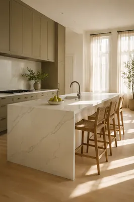 Serene Modern Kitchen with White Marble Island