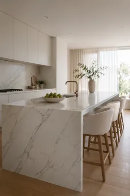 Serene Modern Kitchen with White Marble Island