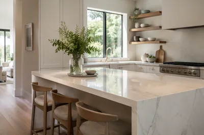 Serene Modern Kitchen with White Marble Island