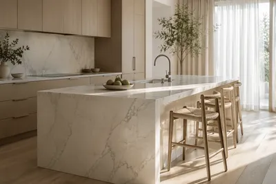 Serene Modern Kitchen with White Marble Island