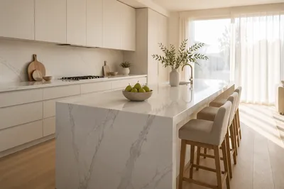 Serene Modern Kitchen With White Marble Island