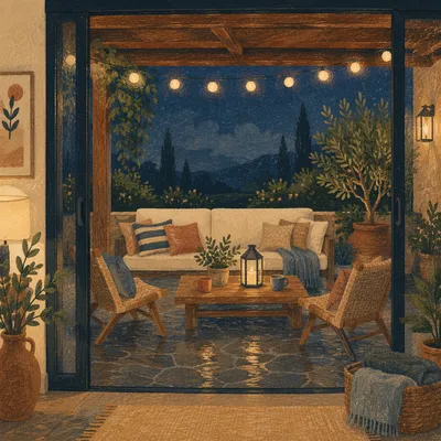 Cozy Patio Evening Retreat Through Open Doors