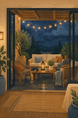 Cozy Patio Evening Retreat Through Glass Doors