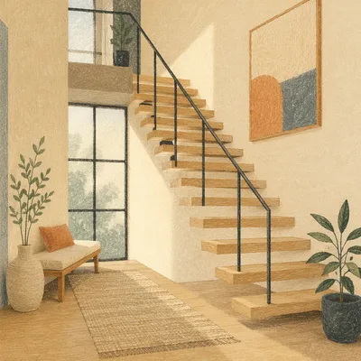 Modern Floating Staircase in Serene Entry Hall