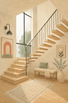 Modern Floating Staircase in Serene Entry Hall
