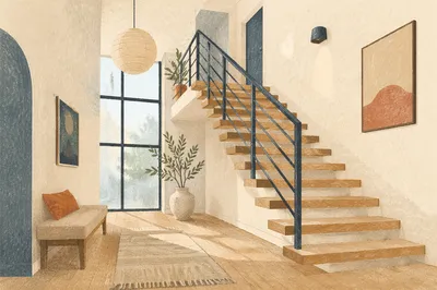 Modern Floating Staircase in Serene Entry Hall