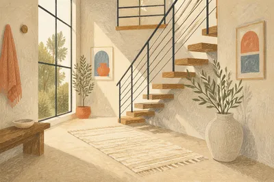 Modern Floating Staircase in Airy Entry Hall
