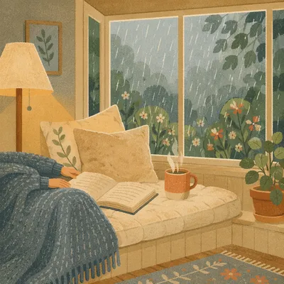 Cozy Window Seat Reading on Rainy Afternoon
