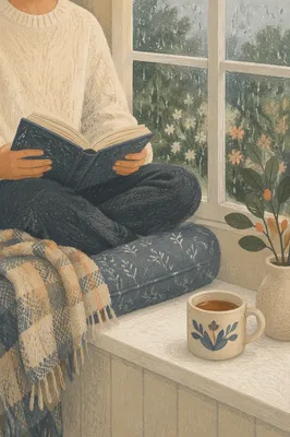 Cozy Rainy Window Seat Reading Scene