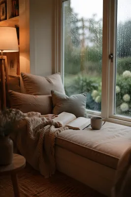 Cozy Window Seat Reading on Rainy Afternoon