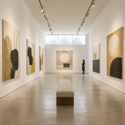 Serene White Gallery with Abstract Paintings
