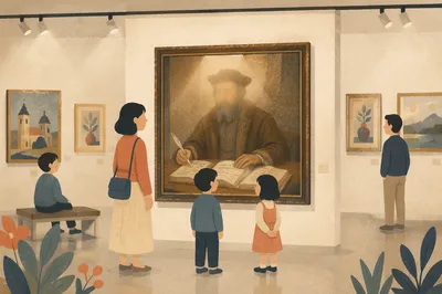Contemporary Gallery Exhibit with Sepia Portrait