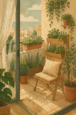 Cozy Small Balcony Garden With Wooden Chair