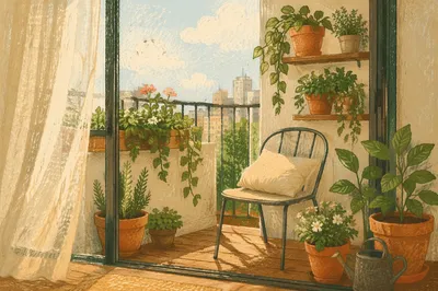 Cozy Balcony Garden with Chair and Plants