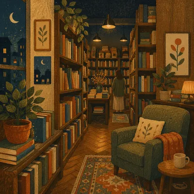 Cozy Independent Bookstore Interior at Dusk