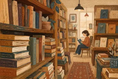 Cozy Independent Bookstore Aisle in Warm Light