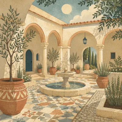 Mediterranean Courtyard Fountain with Arched Colonnades