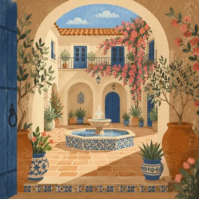 Mediterranean Courtyard Garden with Tiled Fountain