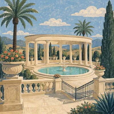 Mediterranean Courtyard Fountain at Elegant Villa