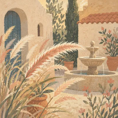 Sunlit Fountain Grass in Mediterranean Courtyard