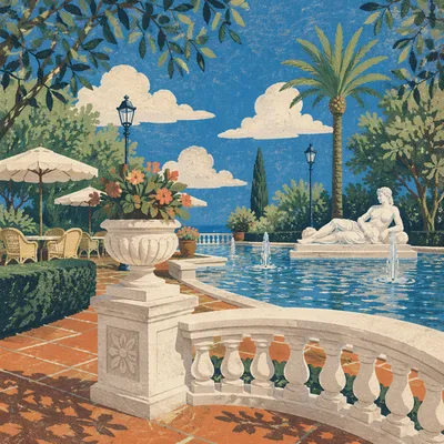 Mediterranean Courtyard Fountain Garden in Sunlight