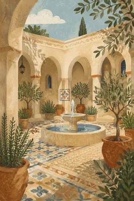 Mediterranean Courtyard Garden with Stone Fountain