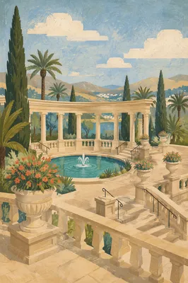 Mediterranean Courtyard Fountain at Elegant Villa