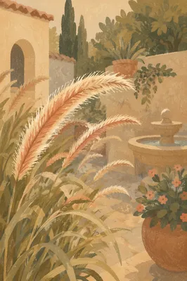 Mediterranean Courtyard Fountain Grass in Warm Light