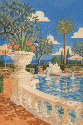 Mediterranean Courtyard Fountain in Bright Sun