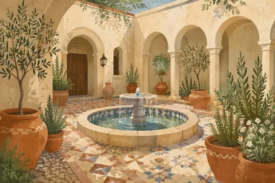 Mediterranean Courtyard Fountain with Arched Colonnades