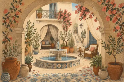 Mediterranean Courtyard Fountain Through Arched Walkway
