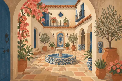Sunlit Mediterranean Courtyard Fountain with Arches