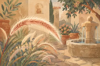 Mediterranean Courtyard Fountain Grass in Warm Light