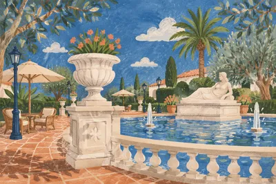 Mediterranean Courtyard Fountain with Marble Elegance
