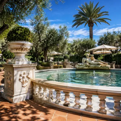 Mediterranean Courtyard Fountain in Bright Sun