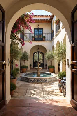 Mediterranean Courtyard Garden with Tiled Fountain