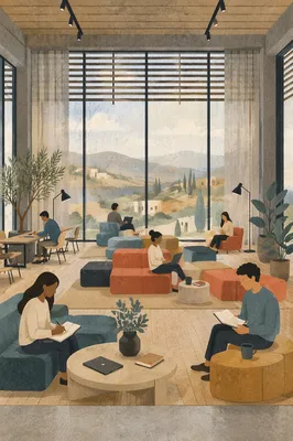 Modern Coworking Lounge with Colorful Seating